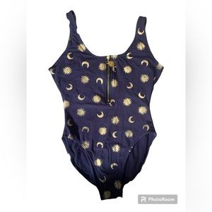 VINTAGE Bathing suit/ body suit onesie Backless Navy blue gold sun and moons S/M